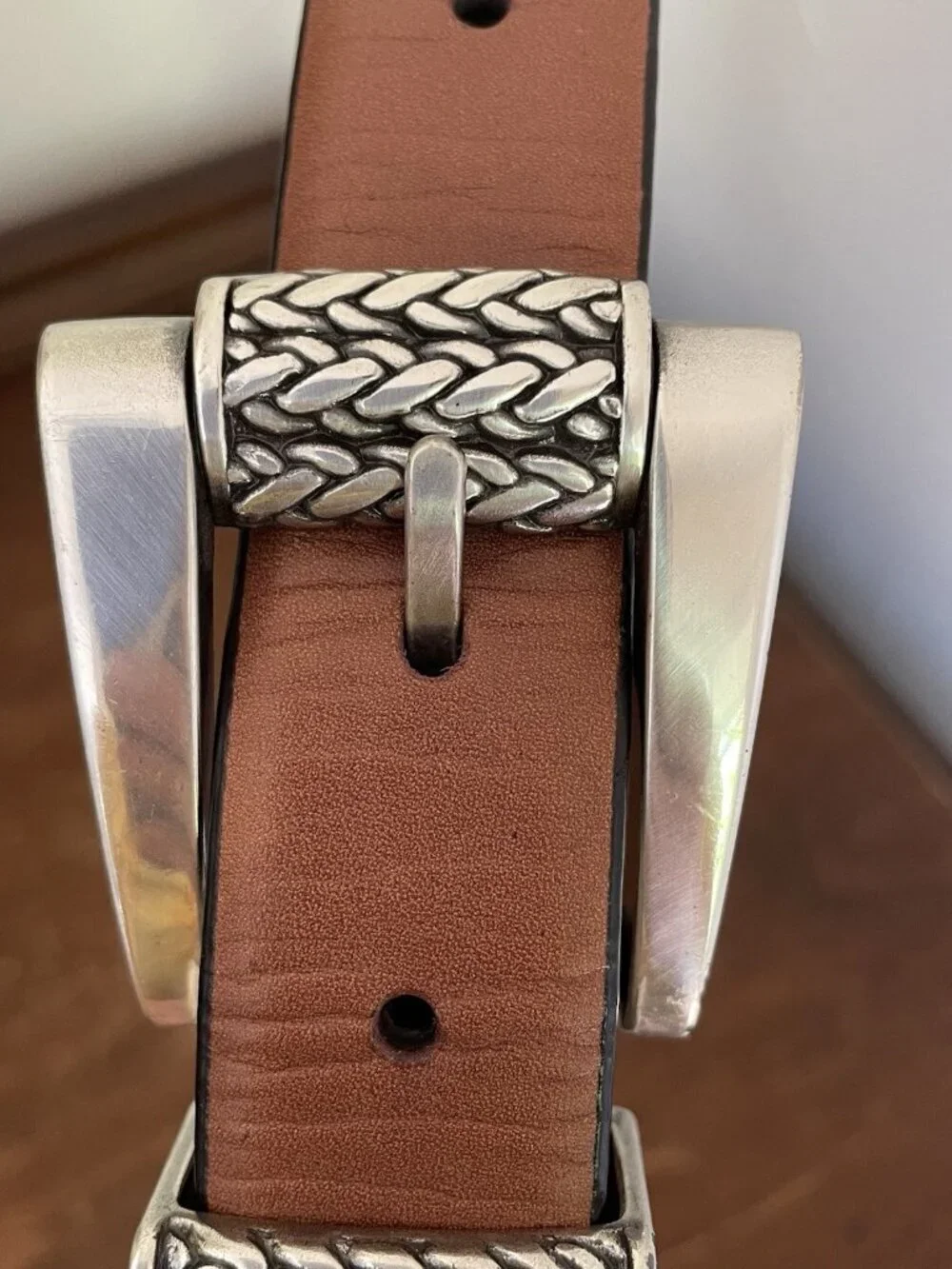 Vintage Southwest Style Silver Chunky Buckle Brown Leather Belt Size 28-32